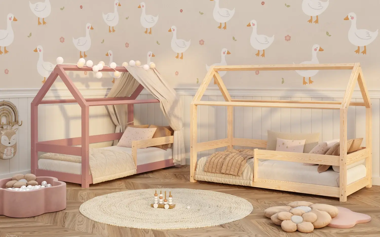 Łóżko domek dla dziecka z barierką i stelażem MILO Montessori Drewniane